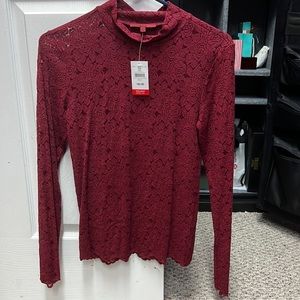 NWT red sheer lace small Bke top long sleeve